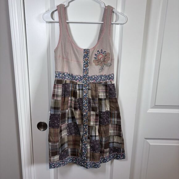 Humming Womens Vintage Brown Plaid Patch Dress Size M  Boho Pre-owned - Picture 1 of 11